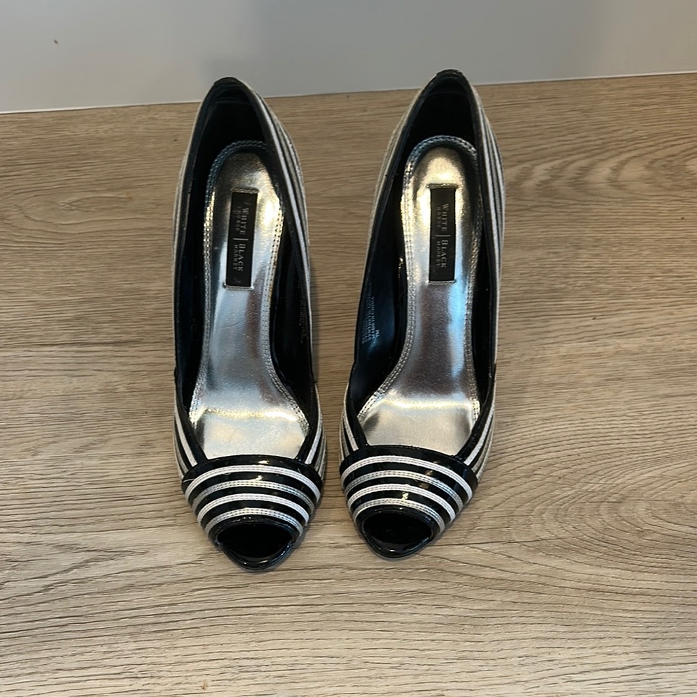 White House Black Market Black and White Striped Heels